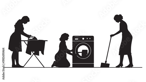 Silhouette of three women performing various household chores like ironing, laundry, and sweeping