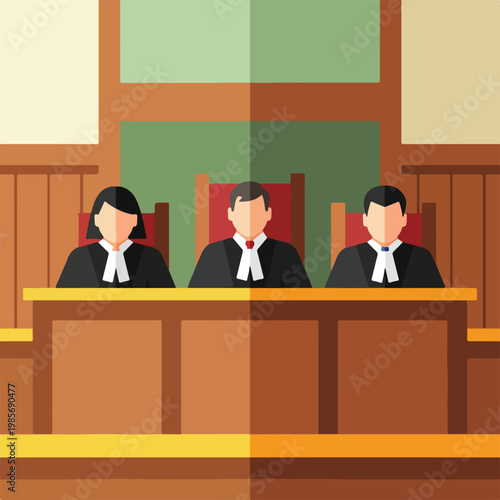 A flat illustration of three judges sitting together behind a wooden court bench