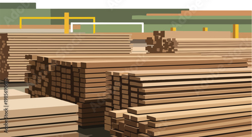 A stack of sawn wooden timber beams stored outdoors at a lumber processing site