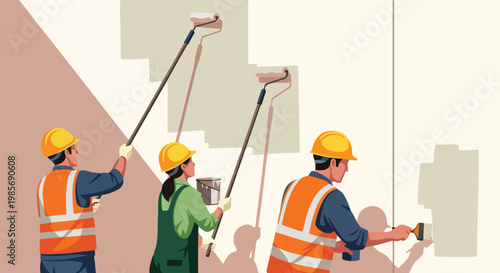 Three construction workers in safety gear use paint rollers to paint a wall