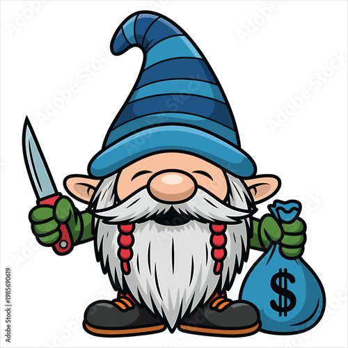Whimsical cartoon gnome character holding a sharp knife and a sack of dollars