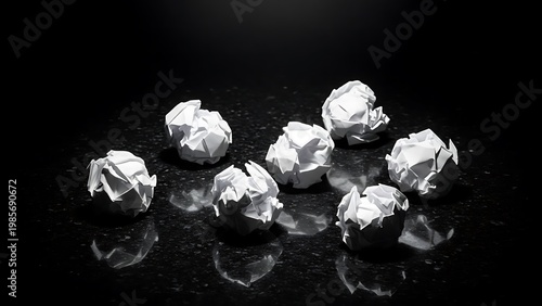 Crumpled white paper balls on a dark reflective surface