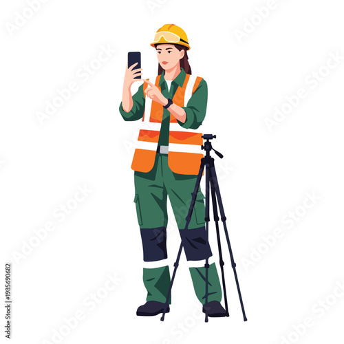 A female construction worker in a safety vest using her phone near a tripod