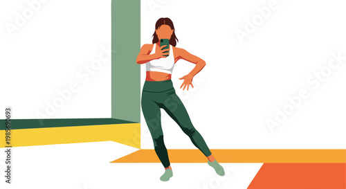 A stylized illustration of a woman in athletic wear taking a selfie in a room
