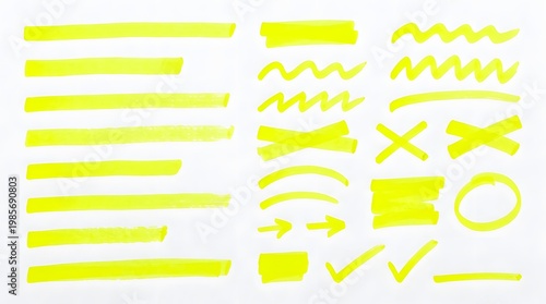 Various bright yellow highlighter strokes and essential graphic elements for emphasis on white.