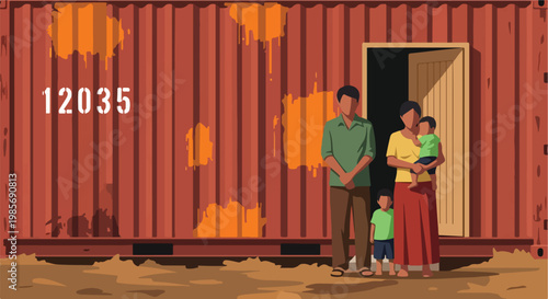 A family stands outside the doorway of a weathered rusty shipping container home