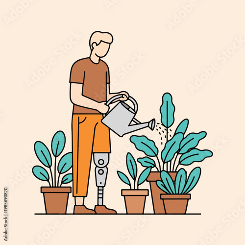 A man with a prosthetic leg waters potted plants in a flat line art illustration