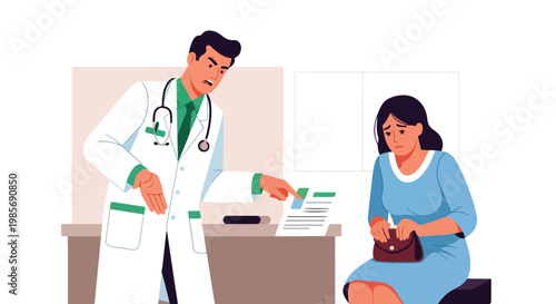 A frustrated doctor gestures aggressively at a medical document to a sad patient