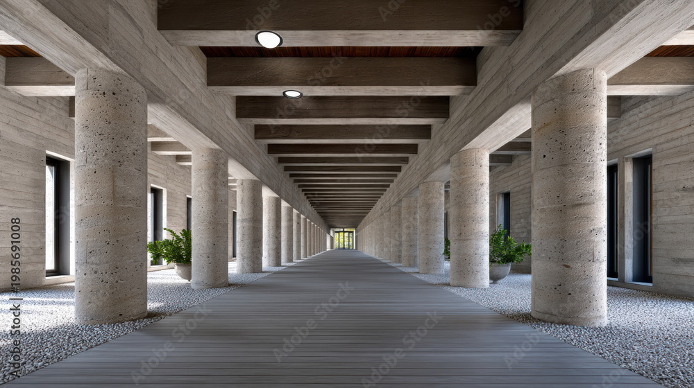 Fototapeta premium Symmetrical corridor with concrete columns, wooden ceiling, modern architecture, natural light, and indoor plants create serene atmosphere