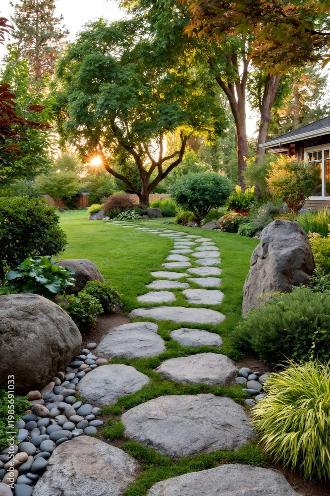 Obraz premium Winding stone path through a lush backyard garden