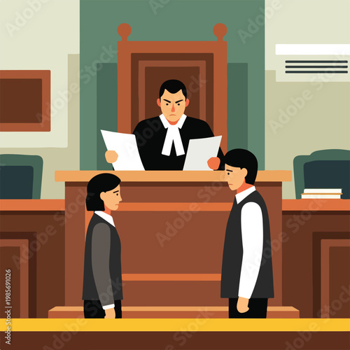 A stern judge presides over a courtroom while two people stand before the bench