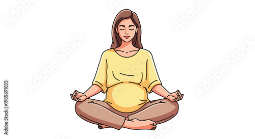 A pregnant woman with brown hair sits in a meditative lotus pose with eyes closed