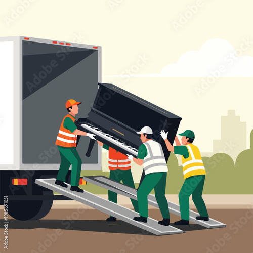 Three movers in safety vests load a black upright piano onto a delivery truck