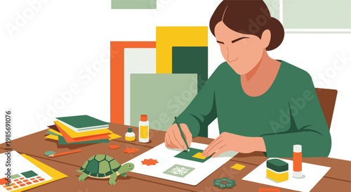 A woman focused on creating colorful paper craft projects at a wooden table desk