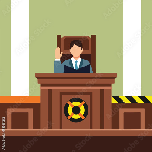 A judge sits at a wooden bench in a courtroom with a hand raised to take an oath