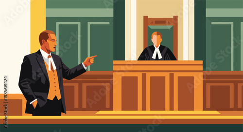 A lawyer points while addressing a presiding judge in a formal wood-paneled court