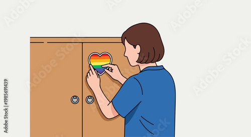 A woman sticks a rainbow heart sticker onto a wooden cabinet in a simple room