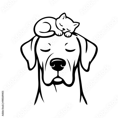 Logotipo con dibujo minimalista con líneas de un simpático gatito durmiendo sobre la cabeza de un gran perro