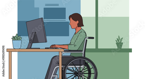 A woman in a wheelchair working on a computer at a desk in a modern office room