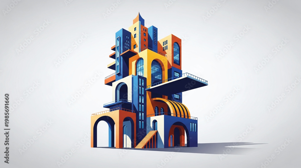 Naklejka premium A vibrant and colorful illustration of a multistory building with arches and balconies on a light gray background.