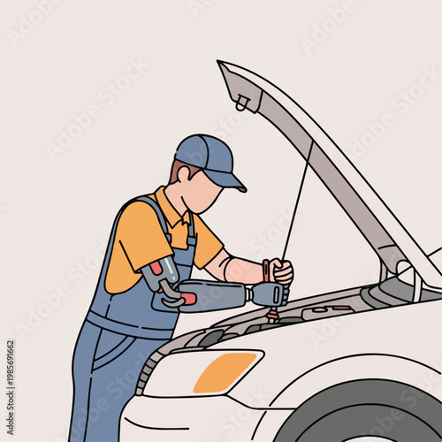 A mechanic with a robotic prosthetic arm repairs the engine of an open-hood car