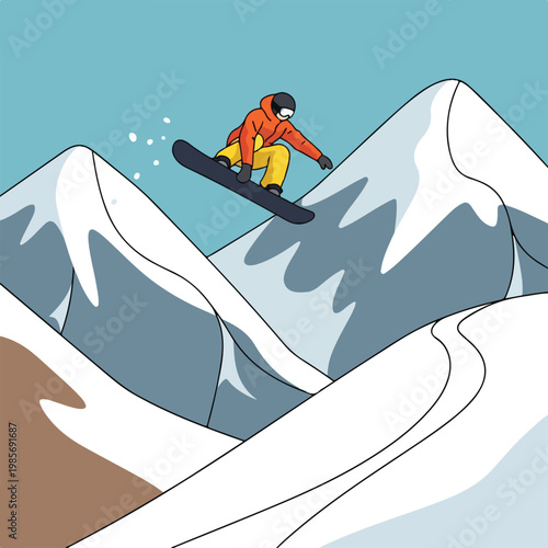 A snowboarder in an orange jacket jumps high over snowy mountain peaks outdoors