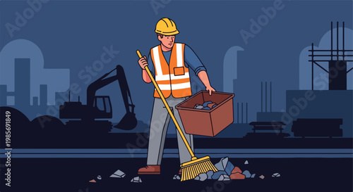 Construction worker in a hard hat sweeping debris into a bin at a building site
