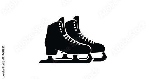 A striking black image showcases a pair of ice skates sharply defined against a white backdrop silhouette