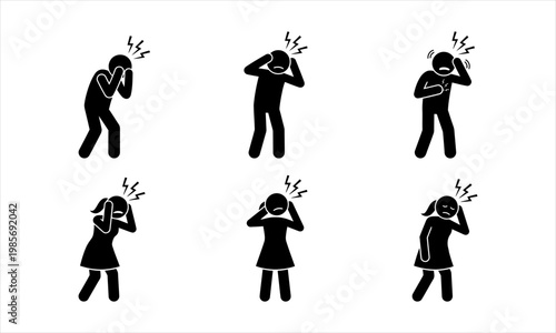 Set of Silhouettes Depicting Pain, Headache, and Stress
