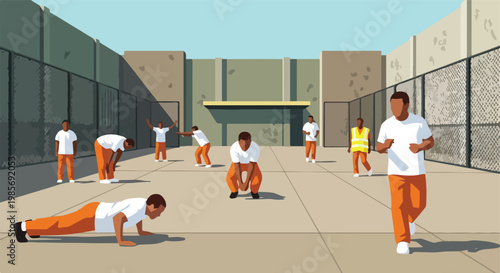 Men in orange uniforms exercise in a secured concrete prison courtyard facility