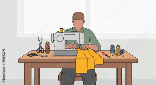 A person sits at a wooden table using a sewing machine to stitch yellow fabric