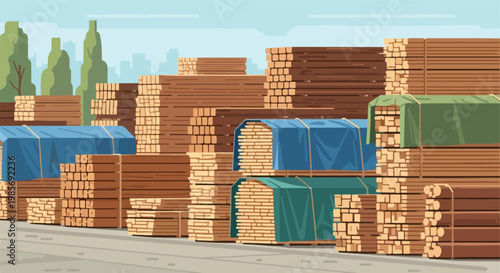 Stacked wooden planks and beams piled up in an industrial lumber yard exterior