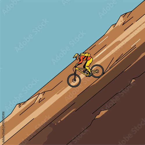 A cyclist in protective gear riding a mountain bike down a steep sandy hillside
