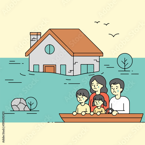 A sad family in a boat fleeing their home during a major flood disaster event