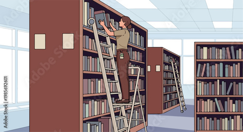 A woman stands on a rolling ladder, shelving books in a large, bright library