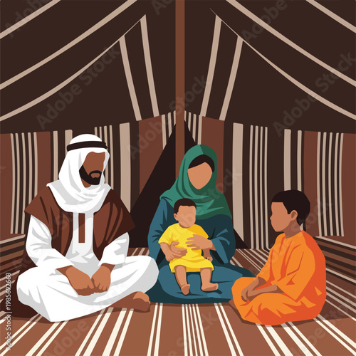 An Arab family sits together inside a traditional striped nomadic tent dwelling