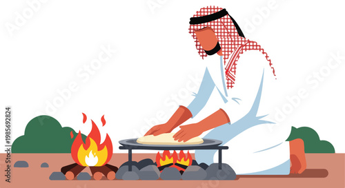 An Arab man in traditional white robes baking flatbread over an outdoor campfire