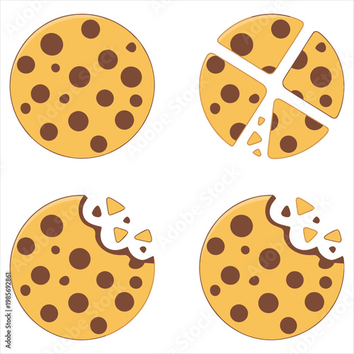 Delicious chocolate chip cookie showing whole, broken, and bitten stages for snack time