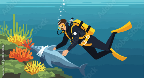 A scuba diver rescues a dolphin tangled in plastic waste underwater near corals