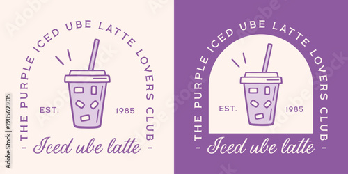 Ube iced latte lovers club purple drink aesthetic girls shirt design sticker logo for fresh coffee flavor in plastic cup. Homemade sweet potato yam milk with ice cubes and straw outline drawing print.