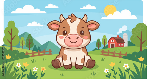 Cute Cow Sitting on Farm Landscape Cartoon Vector Illustration