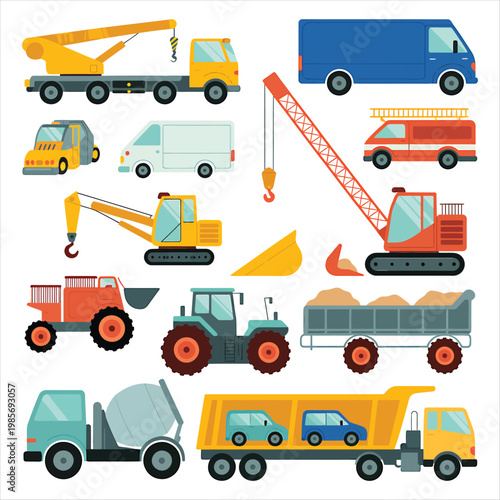 Essential collection of construction, utility, and transportation vehicles in flat illustration style