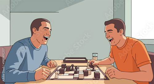 Two men laughing while playing a board game together at a table in a bright room