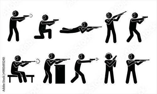 Stick Figures Depicting Various Shooting Positions and Rifle Stances for Target Practice and Sport Activities