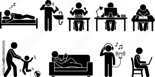 Pictograms showcasing diverse daily human activities and common lifestyle routines