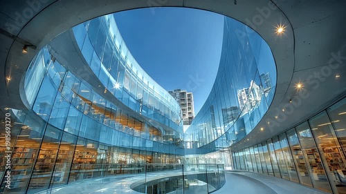 Bright and airy interior with curved glass walls creates a sense of openness and innovation, perfect for corporate websites or marketing materials.
