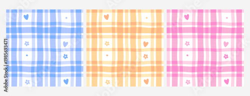 Seamless plaid pattern with cute hearts and flowers in blue, orange and pink colors. Gingham check geometric texture for baby, nursery, romantic design, textile print, wallpaper, valentine background