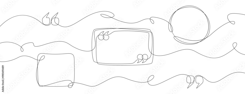 Obraz premium Continuous one line art quote frame. Hand drawing text box with commas, quotation mark. Doodle linear speech bubble silhouette circle, square, rectangle shapes. Outline simple dialog icon with quotes