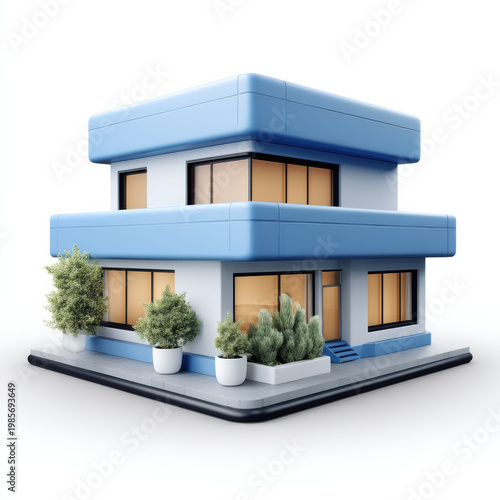 Modern blue two story building with large windows, potted plants, minimalistic design, urban exterior, clean lines, bright atmosphere
