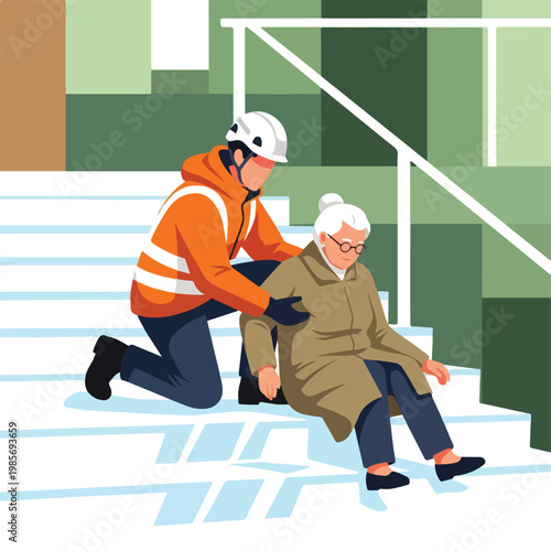 A responder in safety gear assists an elderly woman who has fallen on the stairs